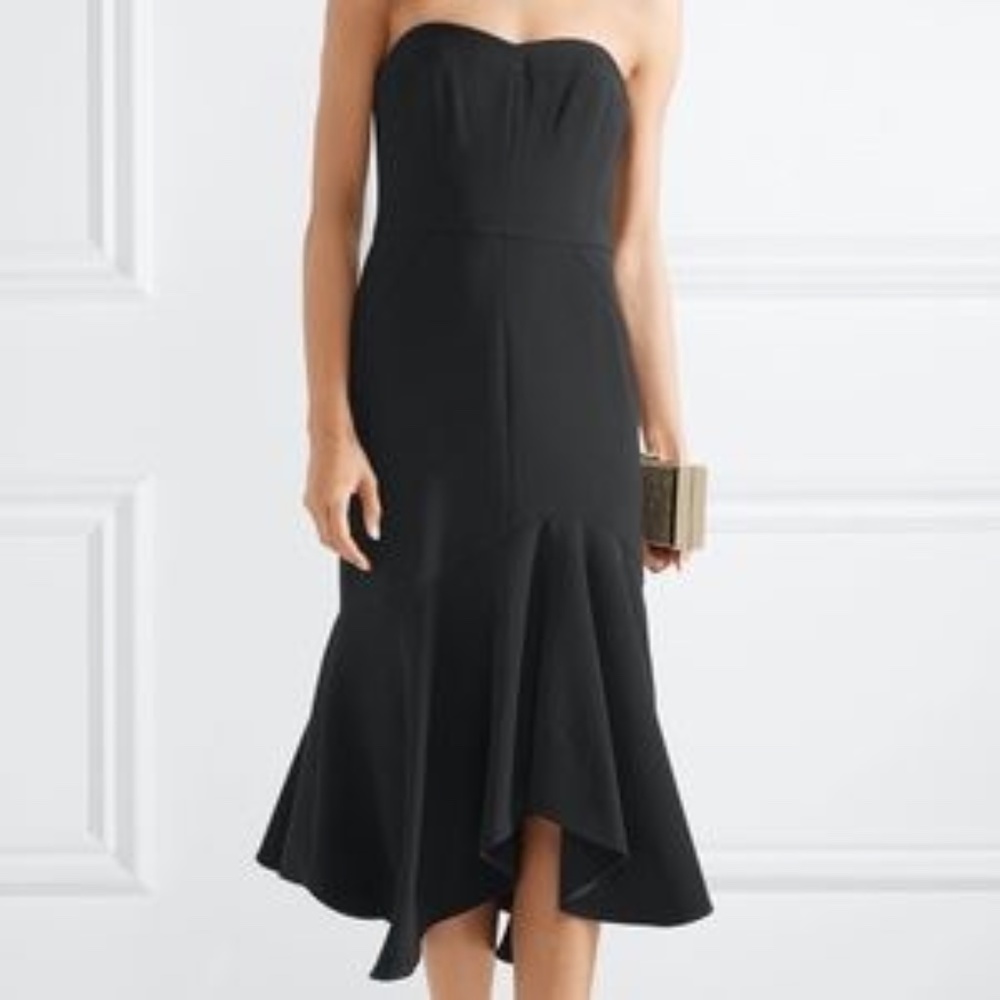 NWT - HALSTON Black Strapless Crepe Midi Flounce Dress - 0